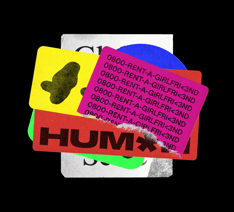 An animated image of sticker-like objects with type design replacing some letters with punctuation.